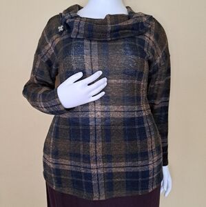 Ava James Plaid Cowl Neck Top and Button Detail